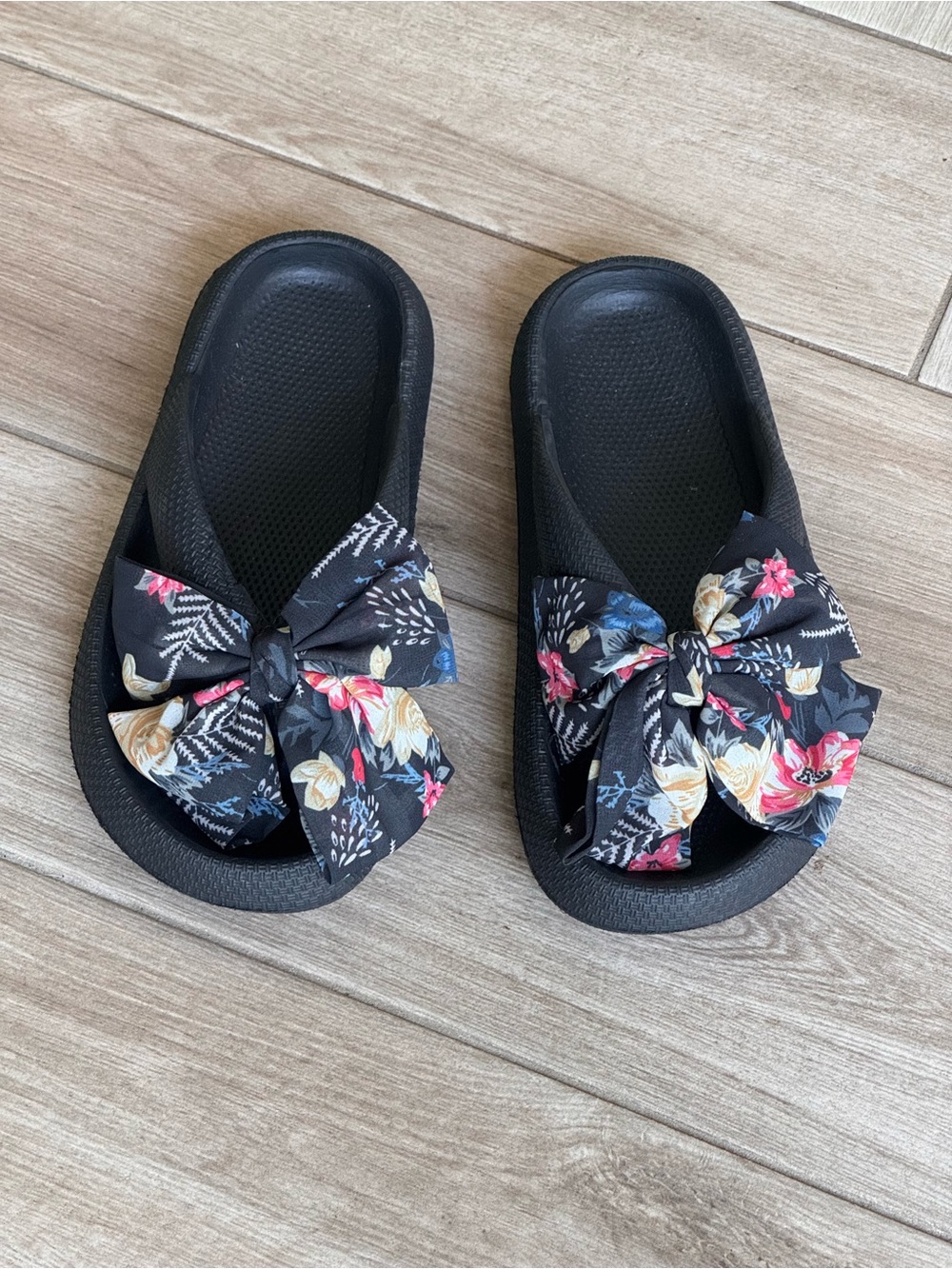 Black Slide Sandals with Floral Bow Accent
